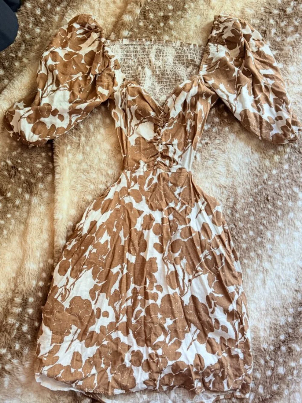 S Brown White Floral Puff Sleeve Cutout Mini Dress